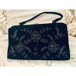 VINTAGE FIFTIES LARGE SOURE BEADED BLACK VELVET BAG